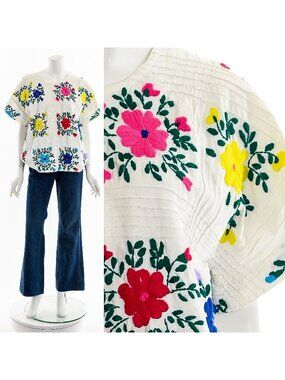 Floral Embroidered Boho White Pintuck Tunic